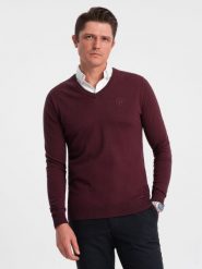 Sweter męski z dekoltem "w serek" z koszulowym kołnierzykiem - bordowy V8 - Rozmiar: L. Czerwone swetry męskie Ombre Clothing, l, bez wzorów, z bawełny, klasyczne, bez kołnierzyka, bez ramiączek. W wyprzedaży za 39.99 zł.