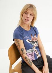 T-shirt z czystej bawełny. Niebieskie t-shirty damskie bonprix, bez wzorów, z bawełny, bez kołnierzyka, bez ramiączek. Za 64.99 zł.