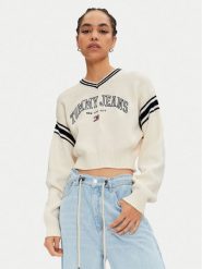 Tommy Jeans Sweter Varsity DW0DW18692 Écru Regular Fit. Swetry nierozpinane damskie Tommy Jeans, l, bez wzorów, z bawełny, bez kołnierzyka, bez ramiączek. Za 269.99 zł.