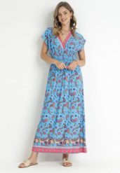 Niebieska Kopertowa Sukienka Maxi z Gumką w Pasie we Wzór Paisley Anitte. Niebieskie sukienki damskie Born2be, na lato, l, bez wzorów, bez kołnierzyka, bez ramiączek, maxi, kopertowe. Za 44.99 zł.