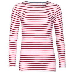 Damska Koszulka Z Długim Rękawem W Morskie Paski. Białe bluzki damskie SOL'S, s, bez wzorów, sportowe, bez kołnierzyka, bez ramiączek. Za 105.99 zł.