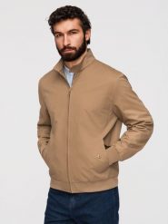 Męska kurtka Harrington ze stójką i podszewką w kratę - jasnobrązowa V5 - Rozmiar: M. Brązowe kurtki męskie Ombre Clothing, m, bez wzorów, z bawełny, biznesowe, bez kaptura. Za 249.99 zł.