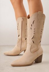 Beżowe Ażurowe Botki Kowbojki VICES na Słupku Falenatea. Brązowe botki damskie Renee, na wiosnę, w ażurowe wzory, z jeansu, eleganckie, bez obcasa, na obcasie, bez zapięcia. Za 179.99 zł.