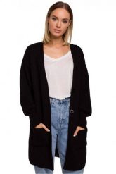 Długi kardigan sweter z kieszeniami i bufiastymi rękawami czarny. Czarne kardigany damskie Polskie swetry, l, bez wzorów, bez kołnierzyka. Za 269.00 zł.