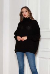 Oversizowy Sweter z Luźnym Golfem - Czarny. Czarne swetry nierozpinane damskie Lanti, uniwersalny, bez wzorów, z materiału, bez kołnierzyka, bez ramiączek. Za 249.90 zł.