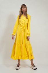 Rozpinana Sukienka z Falbankami - Żółta. Żółte sukienki damskie Nife, s, bez wzorów, z materiału, bez kołnierzyka, bez ramiączek. Za 259.90 zł.