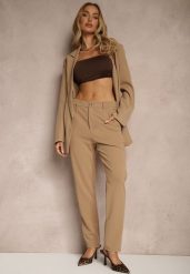 Ciemnobeżowe Spodnie z Wiskozą o Garniturowym Kroju High Waist Senaridra. Brązowe spodnie materiałowe damskie Renee, bez wzorów, z jeansu, eleganckie, z podwyższonym stanem. Za 119.99 zł.