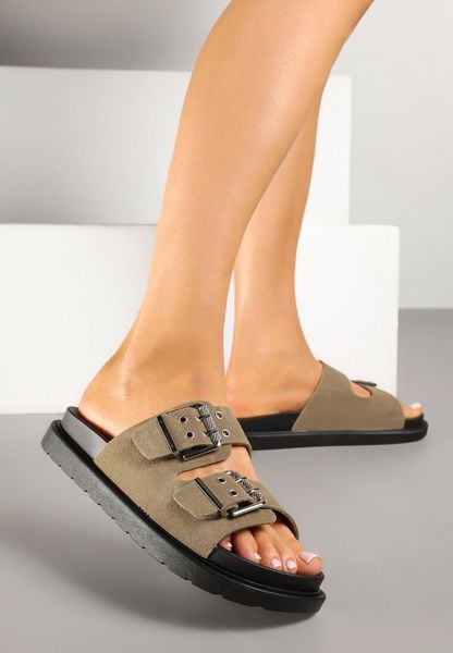 Zielone Klapki z Ozdobnymi Klamrami Sistella. Zielone klapki damskie Born2be, na lato, z aplikacjami, z jeansu, eleganckie, bez obcasa, na płaskiej podeszwie, bez zapięcia. Za 69.99 zł.