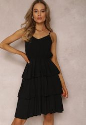 Czarna Sukienka z Wiskozy Astothee. Czarne sukienki damskie Renee, l, z aplikacjami, z tkaniny, klasyczne, bez kołnierzyka, bez ramiączek, mini, rozkloszowane. Za 44.99 zł.