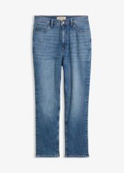 Jeansy o kroju slim, high waist, cropped. Niebieskie jeansy damskie bonprix, bez wzorów, z jeansu, z podwyższonym stanem. Za 124.99 zł.