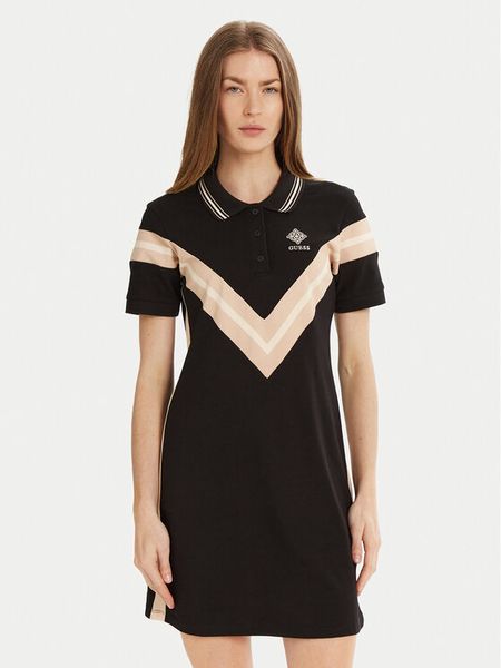 Guess Sukienka codzienna V5RK00 KCOK1 Czarny Regular Fit. Czarne sukienki damskie Guess, na co dzień, s, z aplikacjami, z bawełny, bez kołnierzyka, bez ramiączek, proste. Za 189.99 zł.
