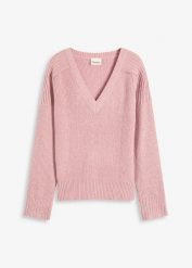 Sweter oversize z dekoltem w serek. Czerwone swetry nierozpinane damskie bonprix, bez wzorów, bez kołnierzyka, bez ramiączek. Za 112.99 zł.