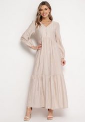 Beżowa Sukienka Pudełkowa Maxi Ozdobiona Przeszyciami i Guziczkami Kedora. Brązowe sukienki damskie Born2be, na jesień, l, bez wzorów, bez kołnierzyka, bez ramiączek, maxi, rozkloszowane. Za 59.99 zł.