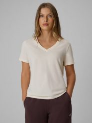 4F T-shirt regular gładki damski - kremowy XS. Białe t-shirty damskie 4F, xs, bez wzorów, z bawełny, biznesowe, bez kołnierzyka, bez ramiączek. Za 59.99 zł.