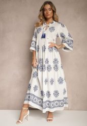 Biała Boho Sukienka z Wiskozą Zdobiona Haftem i Wiązaniem z Frędzlami Alinoria. Białe sukienki damskie Renee, na co dzień, na lato, m, z aplikacjami, z wiskozy, boho, bez kołnierzyka, bez ramiączek, maxi. Za 149.99 zł.