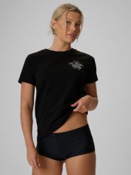 4F T-shirt regular z nadrukiem damski - czarny S. Czarne t-shirty damskie 4F, s, bez wzorów, z bawełny, klasyczne, bez kołnierzyka, bez ramiączek. Za 59.99 zł.