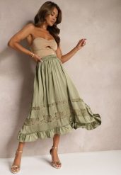 Zielona Asymetryczna Spódnica Plisowana High Waist z Gumką w Talii i Koronkowymi Wstawkami Reslifa. Zielone spódnice damskie Renee, na lato, m, bez wzorów, z koronki, z podwyższonym stanem, midi, asymetryczne. Za 129.99 zł.