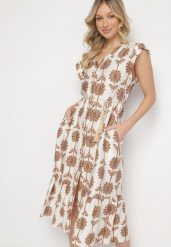 Biało-Beżowa Kwiatowa Sukienka z Bawełną i Falbanką Efanelia. Brązowe sukienki damskie Born2be, na co dzień, na lato, l, bez wzorów, z bawełny, eleganckie, bez kołnierzyka, bez ramiączek, midi, proste. Za 99.99 zł.