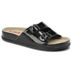 Klapki damskie Big Star, materiał syntetyczny lakierowany z dwoma szerokimi paskami regulowanymi klamrami, czarne, JJ276040. Czarne klapki damskie BIG STAR, na lato, bez wzorów, z lakierowanej skóry, eleganckie, bez obcasa, bez zapięcia. Za 109.00 zł.