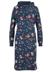Sukienka dresowa w bożonarodzeniowe motywy. Niebieskie sukienki damskie bonprix, z aplikacjami, z dresówki, bez kołnierzyka, bez ramiączek. Za 134.99 zł.