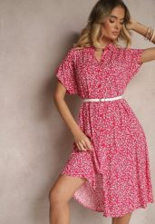Fuksjowa Koszulowa Sukienka z Bawełny w Kwiaty o Rozkloszowanym Fasonie Sarilon. Czerwone sukienki damskie Renee, na co dzień, l, bez wzorów, z bawełny, eleganckie, bez kołnierzyka, bez ramiączek, midi, koszulowe. Za 44.99 zł.