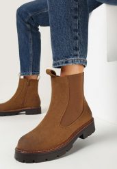 Brązowe Botki Sztyblety z Imitacji Zamszu Faina. Brązowe botki damskie Born2be, bez wzorów, z jeansu, eleganckie, bez obcasa, na płaskiej podeszwie, bez zapięcia. Za 139.99 zł.