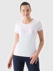 4F T-shirt slim z nadrukiem damski - biały M. Białe t-shirty damskie 4F, m, bez wzorów, z bawełny, sportowe, bez kołnierzyka, bez ramiączek. W wyprzedaży za 39.99 zł.