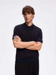 Sweter polo z wełny merino - granatowy. Niebieskie swetry męskie Reserved, l, bez wzorów, z wełny, bez kołnierzyka, bez ramiączek. Za 179.99 zł.