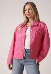 Różowa Bawełniana Kurtka Jeansowa Perimea. Czerwone kurtki damskie Born2be, l, bez wzorów, z bawełny, plus size, bez kaptura. Za 149.99 zł.
