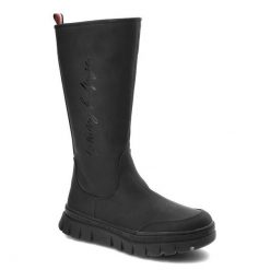 Czarne Kozaki Tommy Hilfiger Modne Buty Damskie. Czarne kozaki damskie Tommy Hilfiger, bez wzorów, z materiału, bez obcasa, na platformie, bez zapięcia. Za 609.00 zł.