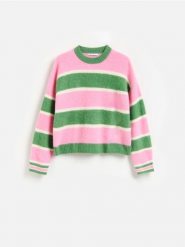 Wełniany sweter w paski - wielobarwny. Swetry nierozpinane damskie Reserved, l, bez wzorów, z wełny, bez kołnierzyka, bez ramiączek. Za 259.99 zł.