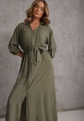 Zielona Koszulowa Sukienka z Bawełny z Wiązanym Paskiem i Podpinanymi Rękawami Cesela. Zielone sukienki damskie Renee, na co dzień, l, bez wzorów, z bawełny, boho, bez kołnierzyka, bez ramiączek, maxi, koszulowe. Za 109.99 zł.