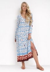 Niebieska Koszulowa Sukienka Maxi z Guzikami i Rozcięciami po Bokach Okotria. Niebieskie sukienki damskie Born2be, na co dzień, l, bez wzorów, eleganckie, bez kołnierzyka, bez ramiączek, maxi, koszulowe. Za 59.99 zł.