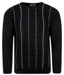 Sweter Czarny w Pionowe Paski, Okrągły Dekolt (U-neck) -KINGS- Męski. Czarne swetry męskie Kings, l, bez wzorów, z bawełny, klasyczne, bez kołnierzyka, bez ramiączek. Za 187.00 zł.