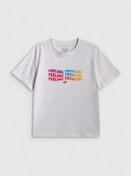 4F T-shirt boxy z nadrukiem damski - biały M. Białe t-shirty damskie 4F, m, bez wzorów, z bawełny, bez kołnierzyka, bez ramiączek. Za 69.99 zł.