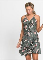 Sukienka na ramiączkach, z falbanami. Zielone sukienki damskie bonprix, na lato, bez wzorów, bez kołnierzyka, bez ramiączek. Za 139.99 zł.