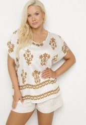 Jasnobeżowa Bluzka z Wiskozy we Wzór w Stylu Boho Lunaseia. Brązowe bluzki damskie Born2be, s, bez wzorów, z jeansu, boho, bez kołnierzyka, bez ramiączek. Za 39.99 zł.