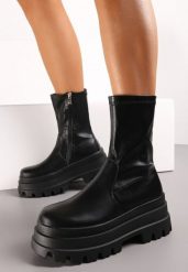 Czarne Botki Workery na Platformie z Dopasowaną Cholewką Esallina. Czarne botki damskie Renee, bez wzorów, z jeansu, eleganckie, bez obcasa, na platformie, bez zapięcia. Za 179.99 zł.