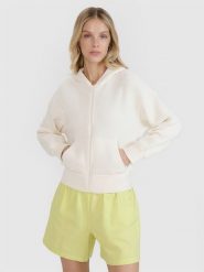 4F Bluza dresowa rozpinana z kapturem damska - biała M. Białe bluzy damskie 4F, l, bez wzorów, z bawełny, klasyczne, bez ramiączek, z kapturem. W wyprzedaży za 99.99 zł.