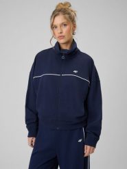 4F Bluza dresowa regular bez kaptura damska - granatowa XL. Niebieskie bluzy damskie 4F, xl, bez wzorów, z bawełny, klasyczne, bez ramiączek, bez kaptura. Za 179.99 zł.