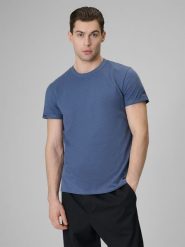 4F T-shirt regular gładki męski - granatowy S. Niebieskie t-shirty męskie 4F, m, bez wzorów, z bawełny, bez kołnierzyka, bez ramiączek. Za 59.99 zł.