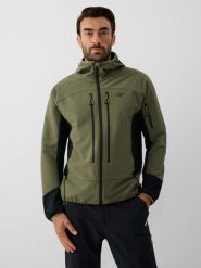 4F Kurtka softshell wiatroodporna męska - khaki L. Brązowe kurtki męskie 4F, l, bez wzorów, z materiału, klasyczne, bez kaptura. Za 399.99 zł.