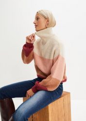 Sweter ze stójką. Brązowe swetry nierozpinane damskie bonprix, bez wzorów, bez kołnierzyka, bez ramiączek. Za 144.99 zł.