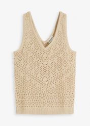 Ażurowy top z dzianiny z domieszką bawełny. Brązowe topy damskie bonprix, w ażurowe wzory, z bawełny, bez kołnierzyka, bez ramiączek. Za 69.99 zł.