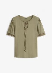 Tunika T-shirtowa z koronkową tasiemką. Niebieskie tuniki damskie bonprix, bez wzorów, z koronki, eleganckie, bez ramiączek. Za 47.99 zł.