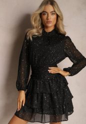 Czarna Koktajlowa Sukienka z Falbankami i Błyszczącym Nadrukiem Merrinda. Czarne sukienki damskie Renee, na imprezę, l, bez wzorów, eleganckie, bez kołnierzyka, bez ramiączek, mini. Za 139.99 zł.