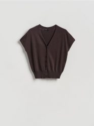 Kardigan z lyocellem - ciemnobrązowy. Brązowe kardigany damskie Reserved, l, bez wzorów, z dzianiny, bez kołnierzyka. Za 99.99 zł.