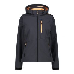 Damska wodoodporna kurtka zapinana na zamek CMP. Szare kurtki sportowe damskie CMP, bez wzorów, z softshellu, bez ramiączek, bez kaptura, trekkingowe. W wyprzedaży za 447.65 zł.