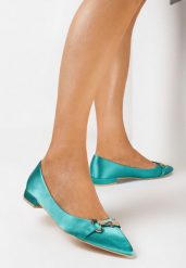 Zielone Satynowe Balerinki z Metalową Ozdobą Persefa. Zielone balerinki damskie Born2be, z aplikacjami, z materiału, eleganckie, bez obcasa, bez zapięcia. Za 44.99 zł.