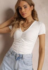 Biały Marszczony T-shirt z Trójkątnym Dekoltem Kedne. Białe t-shirty damskie Renee, l, z aplikacjami, bez kołnierzyka, bez ramiączek. Za 69.99 zł.